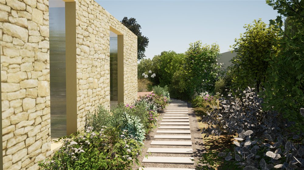 Concepteur paysagiste à Montpellier 4 Rendu 3D d’un jardin aménagé autour d’une terrasse