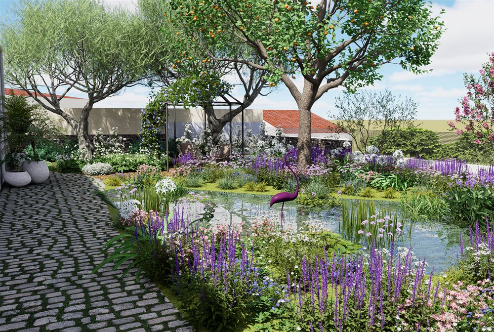 Concepteur paysagiste à Montpellier 3 Rendu 3D d’un jardin avec olivier, chemin en pierre et massifs fleuris